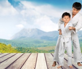 Teach children to practice karate Stock Photo