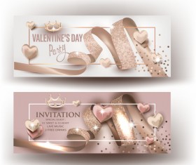 Valentine Day party invitation beige cards with curly ribbons vector