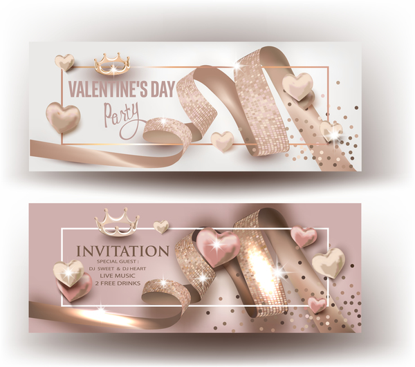Valentine Day party invitation beige cards with curly ribbons vector