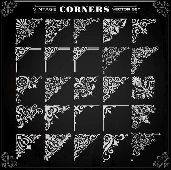 Vintage corners ornaments set vector
