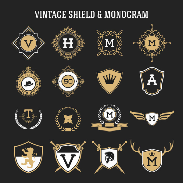 Vintage shield monogram vector material