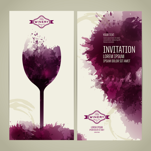 Watercolor style wine invitation card vectors 05