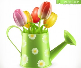 Watering can and bouquet of tulips spring flowers vector