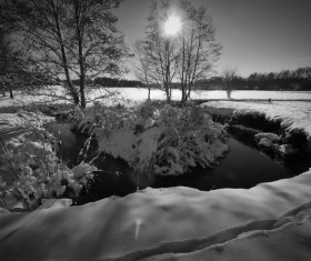Winter snowy lake black and white photo Stock Photo
