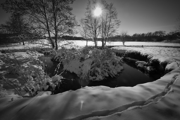 Winter snowy lake black and white photo Stock Photo