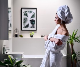 Woman wearing bathrobe Stock Photo 02