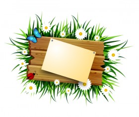 Wood sign with paper and flower vector 02