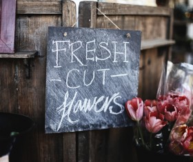Wooden signboard and flowers bouquets Stock Photo
