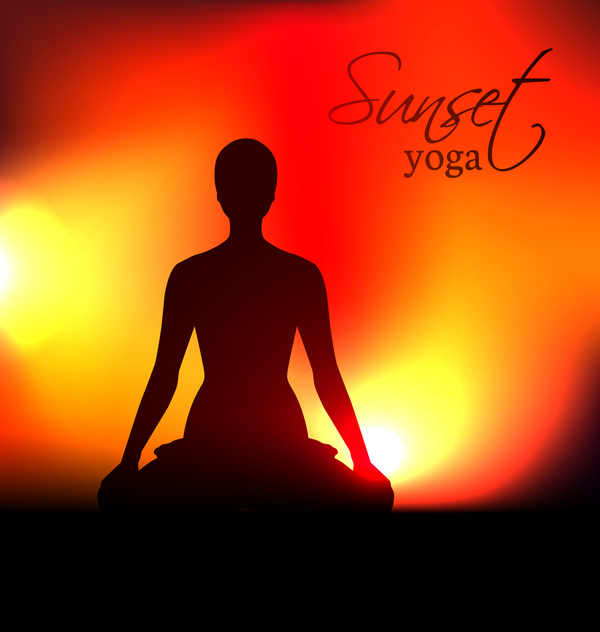 Yoga silhouette with sunset background vector 01