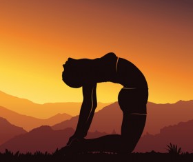 Yoga silhouette with sunset background vector 02