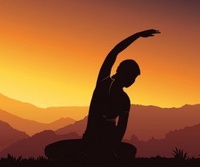 Yoga silhouette with sunset background vector 03