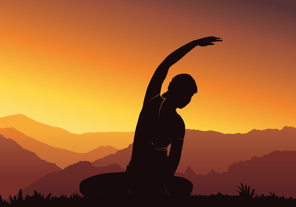 Yoga silhouette with sunset background vector 03