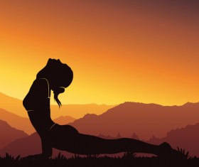 Yoga silhouette with sunset background vector 04