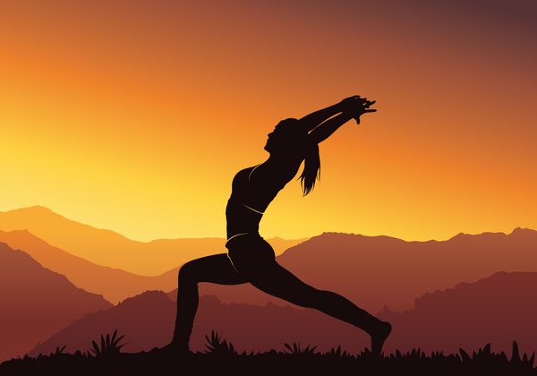 Yoga silhouette with sunset background vector 06