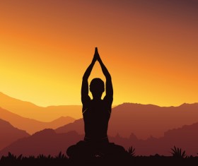 Yoga silhouette with sunset background vector 07