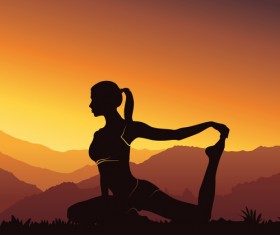 Yoga silhouette with sunset background vector 08