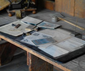 dusty working table Stock Photo