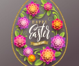 golden easter egg lines with paper flower vector
