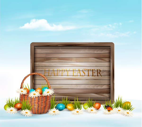 holiday easter background with wooden board vector