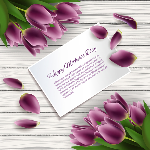mothers day card with purple flower and wooden background vector