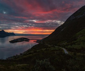 peaceful mountain sea landscape at dusk Stock Photo