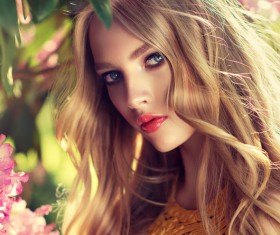 Beautiful girl and blooming flowers Stock Photo 05