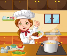 Beautiful woman chef in the kitchen vector