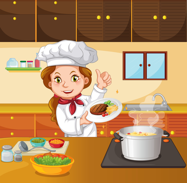 Beautiful woman chef in the kitchen vector