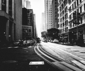 Black and white photo of city street Stock Photo