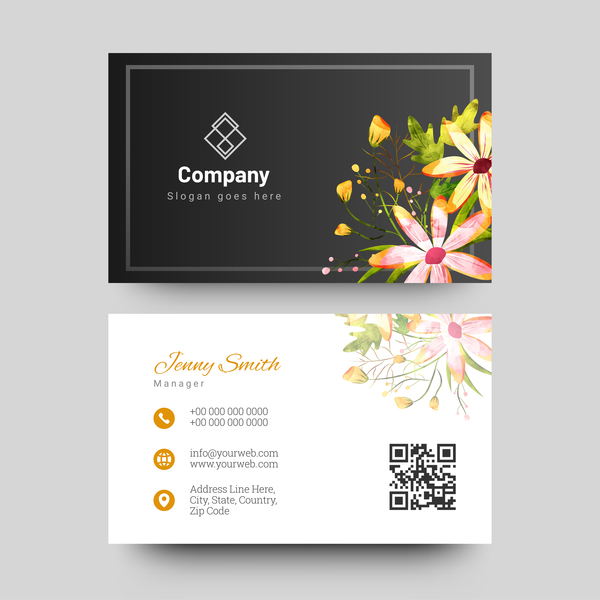 Black business card with watercolor flower vector