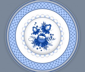 Blue and white porcelain plate vector 02