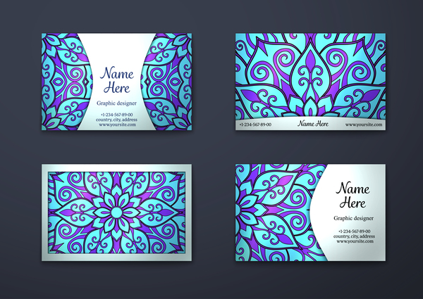 Blue decorative pattern business card vector 01