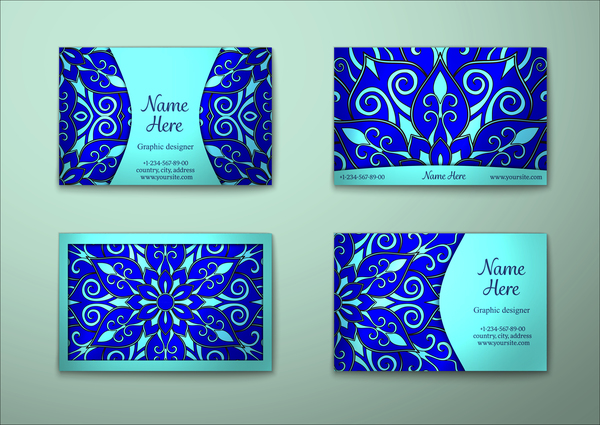 Blue decorative pattern business card vector 02