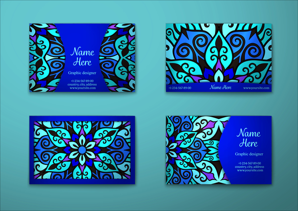 Blue decorative pattern business card vector 03