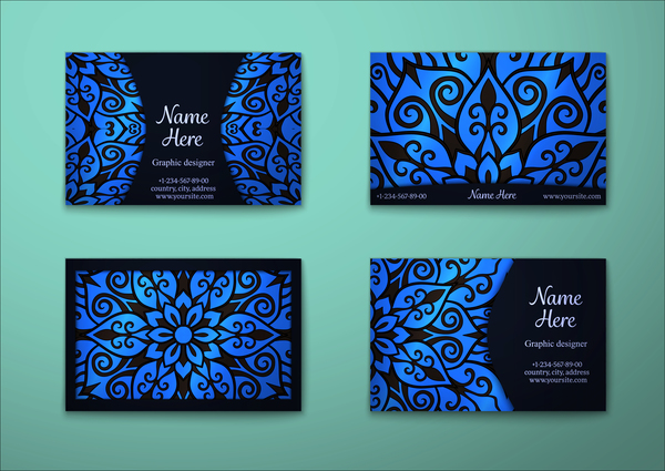 Blue decorative pattern business card vector 04