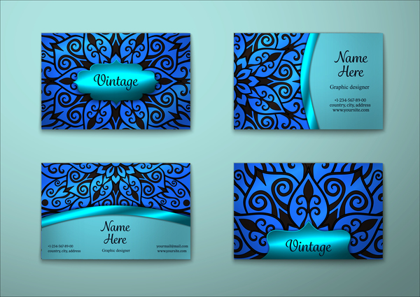 Blue decorative pattern business card vector 05