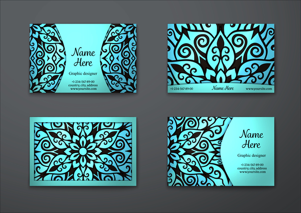 Blue decorative pattern business card vector 06