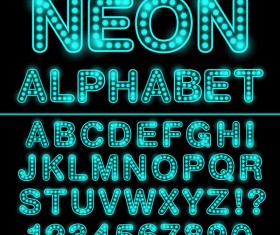 Blue neon lights alphabet with number vector