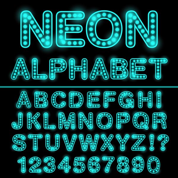 Blue neon lights alphabet with number vector
