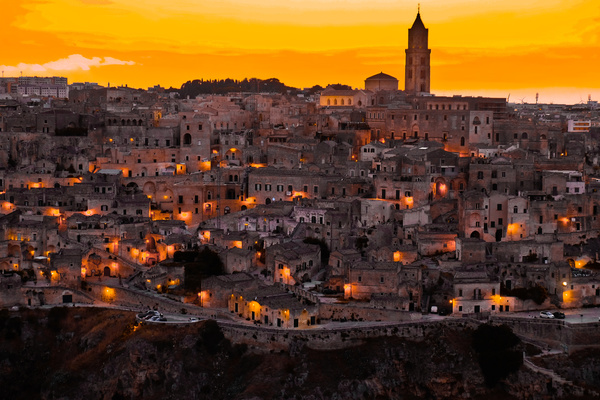 Bright ancient town at dusk Stock Photo
