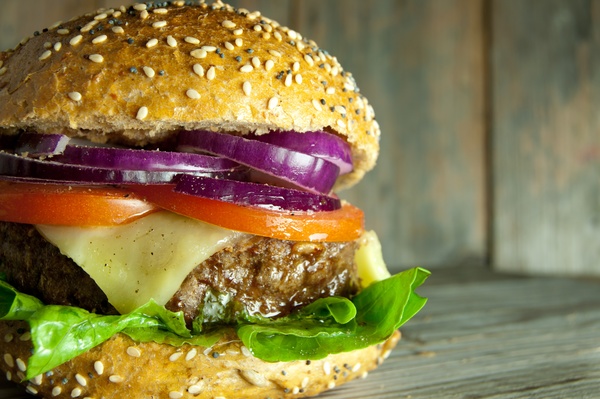 Cheese onion hamburger Stock Photo