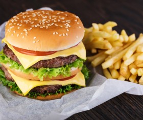 Cheese steak hamburger and fries Stock Photo