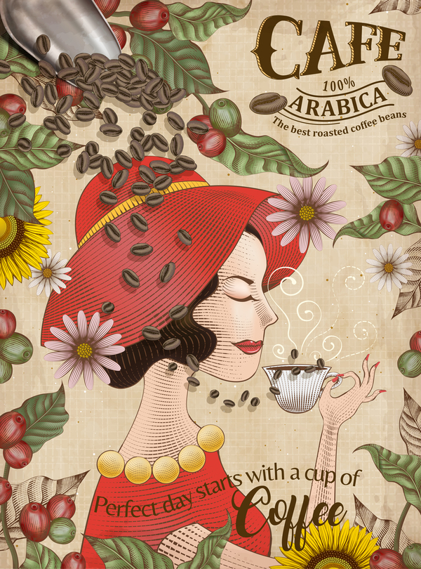 Coffee poster with girl background vectors 01