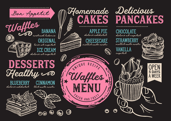 Crepes waffles food menu dessert vector