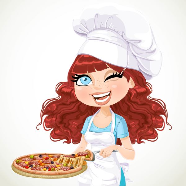 Cute girl chef with pizza vector 01