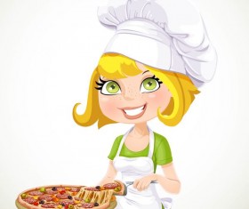 Cute girl chef with pizza vector 02