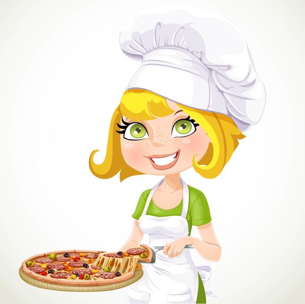 Cute girl chef with pizza vector 02