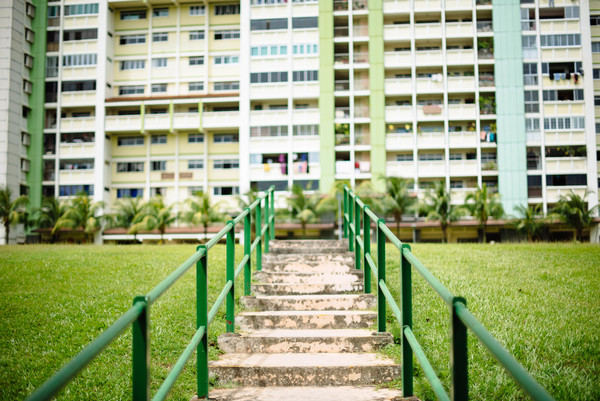 Empty staircase leading to residential building Stock Photo