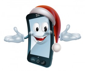 Funny cartoon mobile phone with christmas hat vector