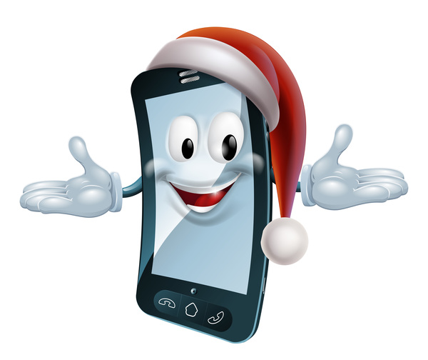 Funny cartoon mobile phone with christmas hat vector